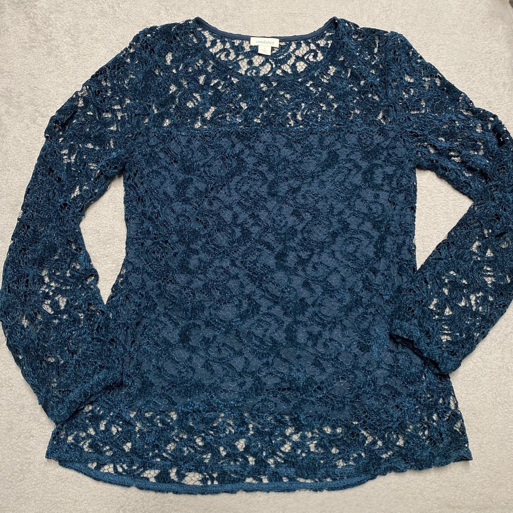 Sundance Top Small Teal‎ Velvet Lace Overlay Long Sleeve